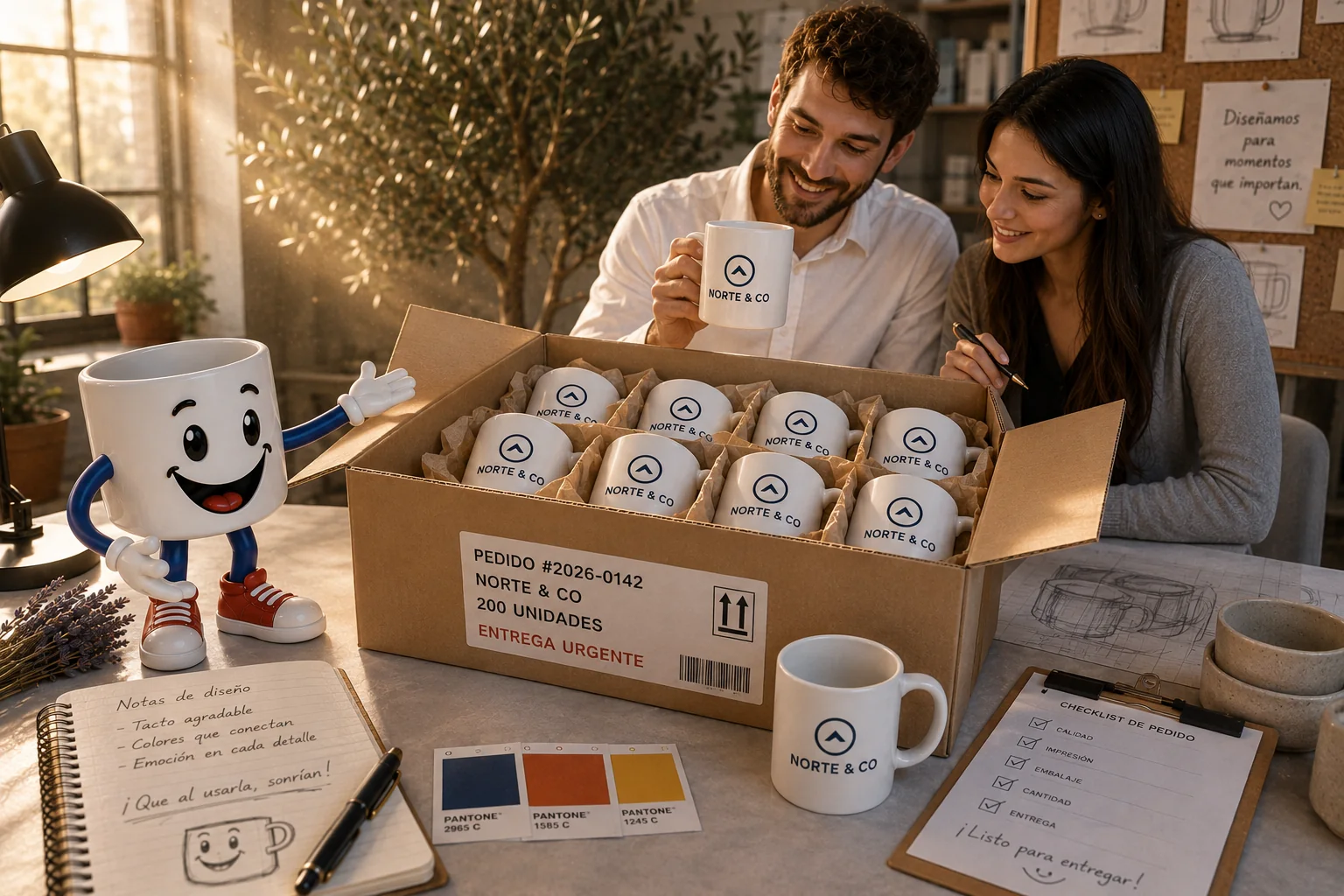 Caja abierta con regalos personalizados listos para entrega B2B, mascota Regalito saludando y equipo Regalotes revisando el pedido